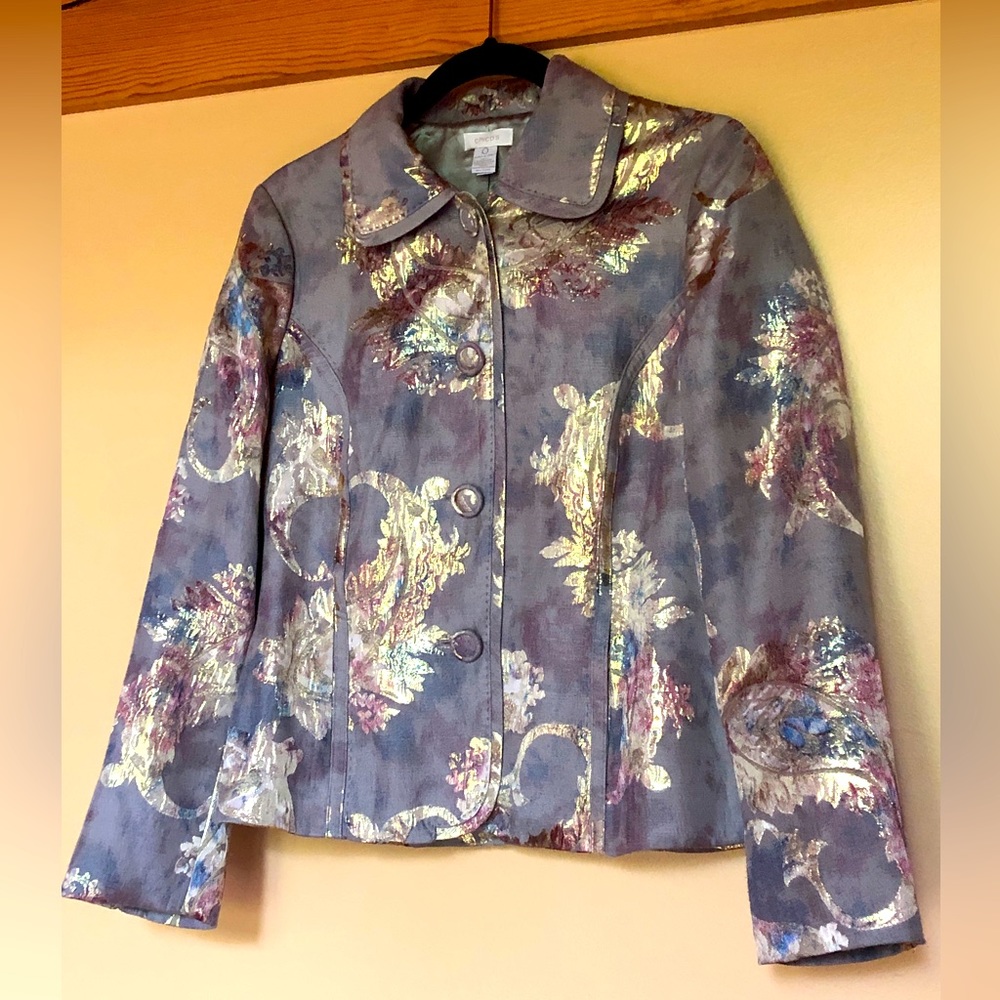 Chico's Shiny Gold Metallic Foil Button Lined Cropped Jacket